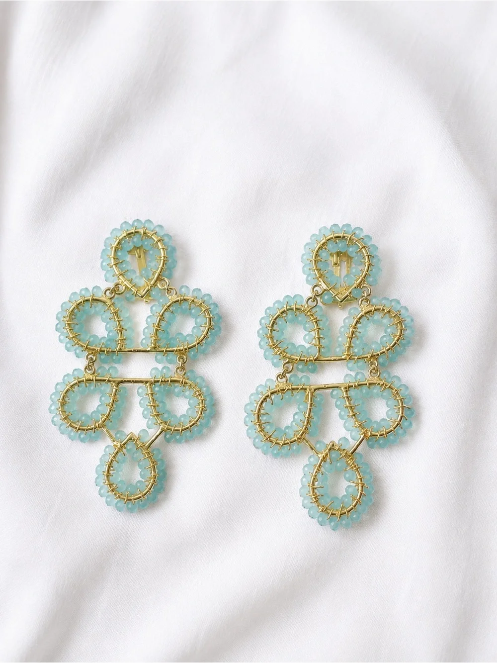 Lisi Lerch Gold and Aqua Beaded Statement Drop Earrings - Aqua CLIP ON - Picture 1 of 5